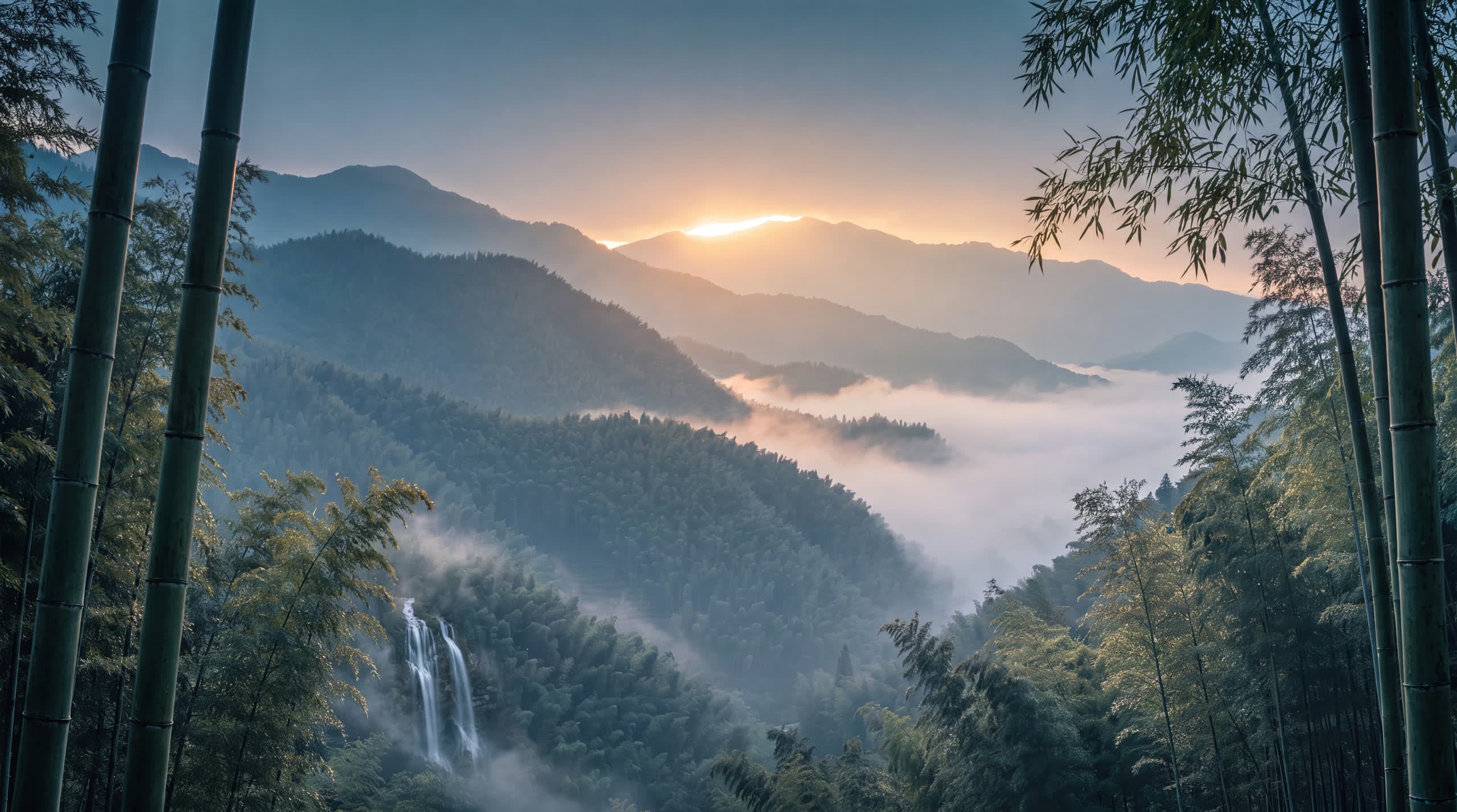 Misty bamboo-forested mountain ridges at dawn